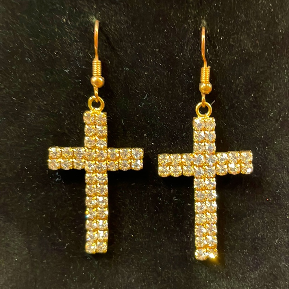 💜3/$10 Rhinestone Bling Cross Dangly Earrings